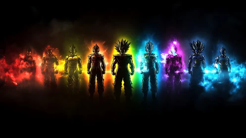 Saiyan warrior silhouettes in multicolor energy auras.