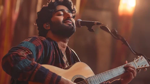 Male guitarist performing with microphone on warm stage.