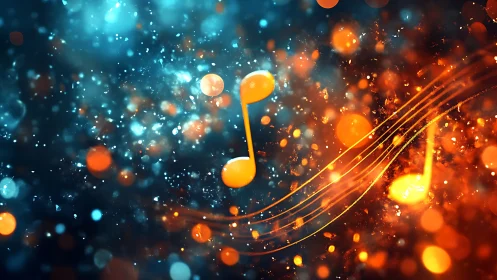 Glowing orange music notes over blue and orange bokeh field.