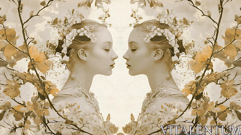 Symmetrical floral portrait diptych in muted sepia tonality.