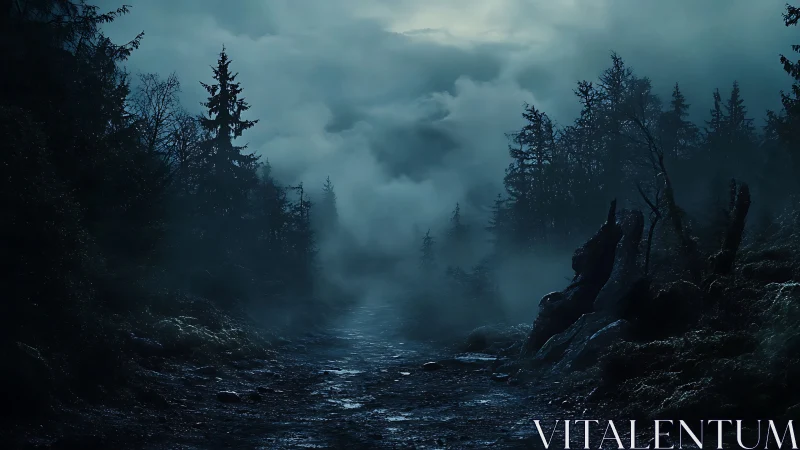 Misty forest valley at dusk with coniferous trees