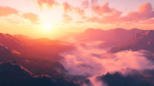 Radiant alpine sunrise flooding misty pine valleys in gold.