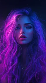 Neon-lit portrait highlights ethereal woman in violet glow