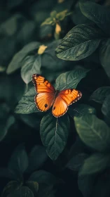Orange butterfly rests on deep green leaves in soft focus