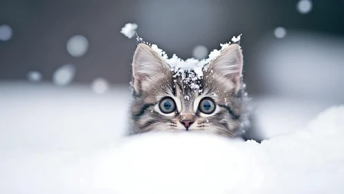 Kitten with Blue Eyes in Snow.