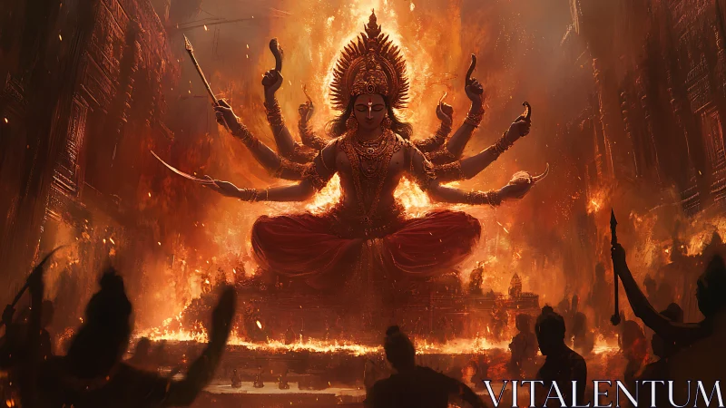 Fire crowned goddess ascends above a burning city in rage.