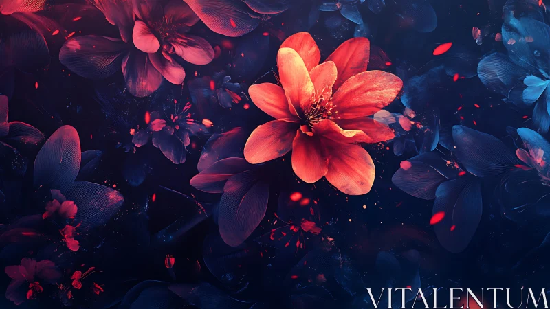 Crimson Blossom Ignites Against Midnight Chaos in Luminous Garden