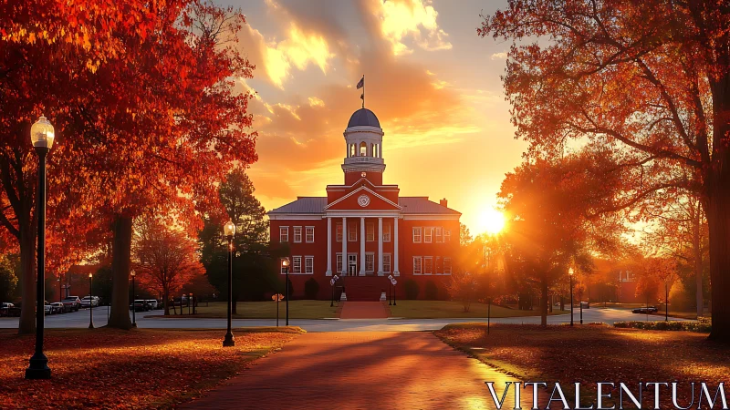 Golden autumn sunset over a quiet red-brick campus hall.