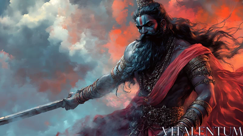 Storm-forged warrior god strides through ember-heavy clouds.