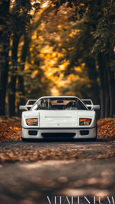 White sports car sits centered on a forest road in autumn
