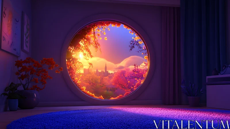 Circular portal window framing volumetric sunset skyline.