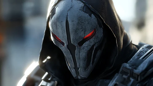 Mysterious armored figure with glowing red eyes in shadow.