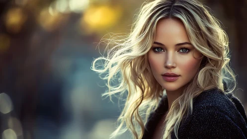 Golden dusk curls frame a poised gaze in soft-focus calm