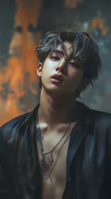 Dramatic low-key portrait of tattooed man in translucent shirt