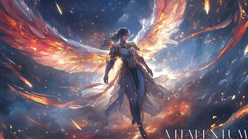 Radiant fire-winged guardian drifting through cosmic dusk.