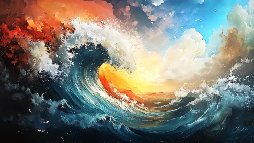 Ocean wave and sunset clouds in abstract seascape scene.