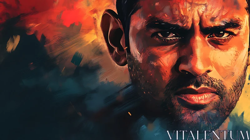 Intense male portrait in fiery abstract digital brushwork.