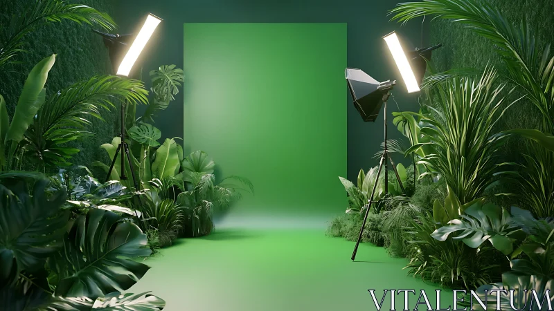 Studio greenscreen jungle set with softbox lighting installed