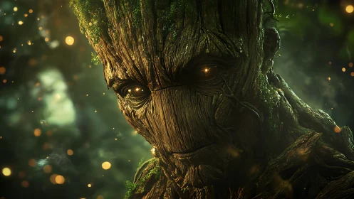 Ancient tree guardian portrait with glowing forest eyes