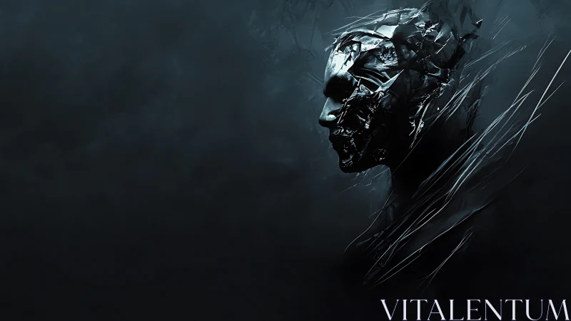 Shattered metallic visage emerging from abyssal shadow field.