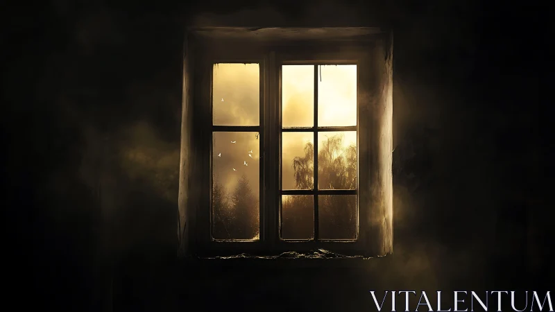 Old window frames bright exterior trees in dense fog