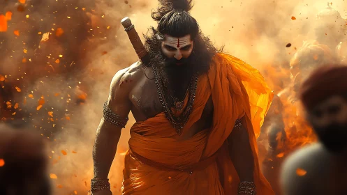 Fire-wreathed warrior sage strides through swirling embers.