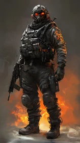 Tactical exosuit soldier with ember-lit visor and flames.