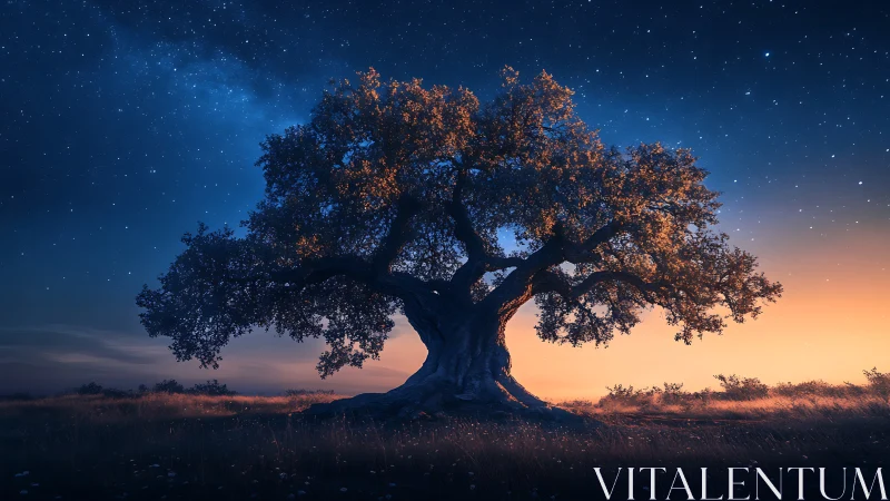 Starlit ancient tree glowing gently in a twilight meadow.