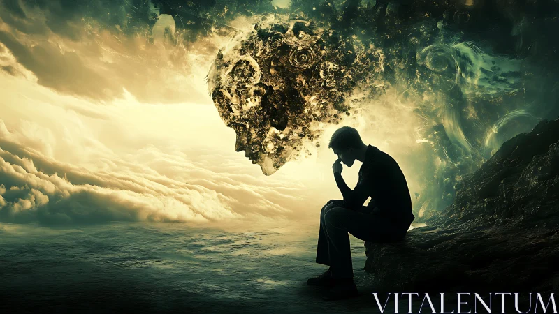 Contemplative figure beneath swirling cosmic mindscape.