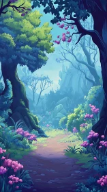 Enchanted Forest Grove With Luminous Flora and Misty Atmosphere