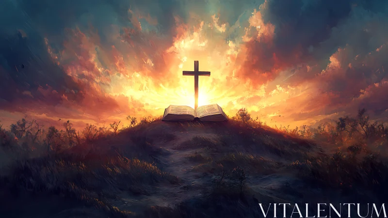 Sunlit scripture crowns a lonely hill beneath blazing skies