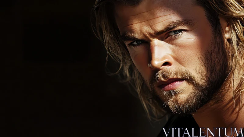 Moody close up of a strong, sunlit bearded portrait.