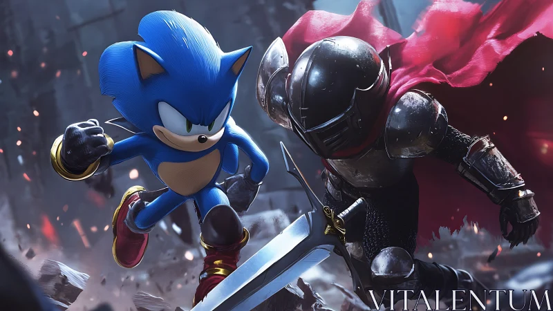 Blue speed hero and armored knight clash in dramatic duel.