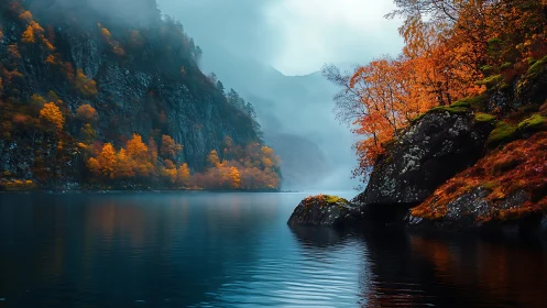 Mist-veiled fjord lake with autumn foliage and rocky cliffs