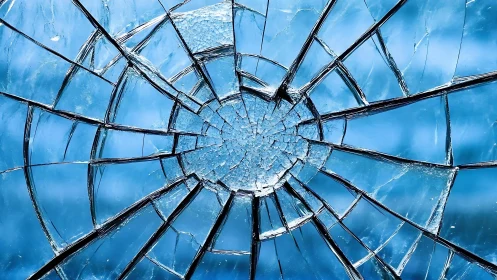 Close-up of shattered glass with radial cracks in blue light.