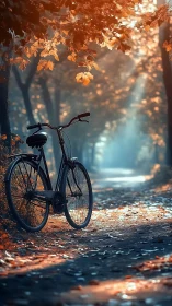 Bicycle rests on autumn path under golden canopy