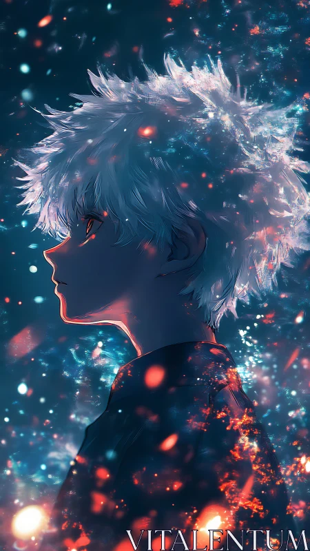 Starlit profile of white‑haired youth in ember glow.