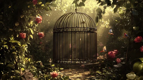 Sunlit garden cage with curious birds and whispering roses.