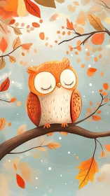 Illustrated orange owl on branch amid falling autumn leaves.
