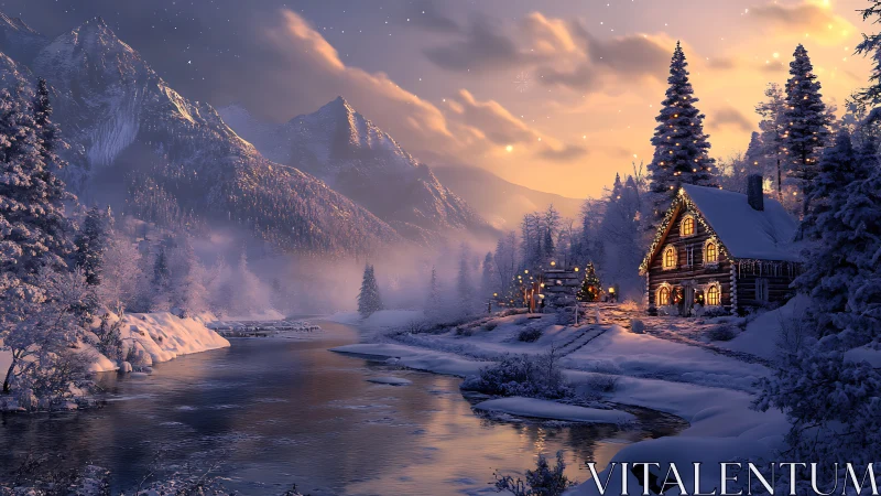Snowy mountain cabin beside river at golden twilight.