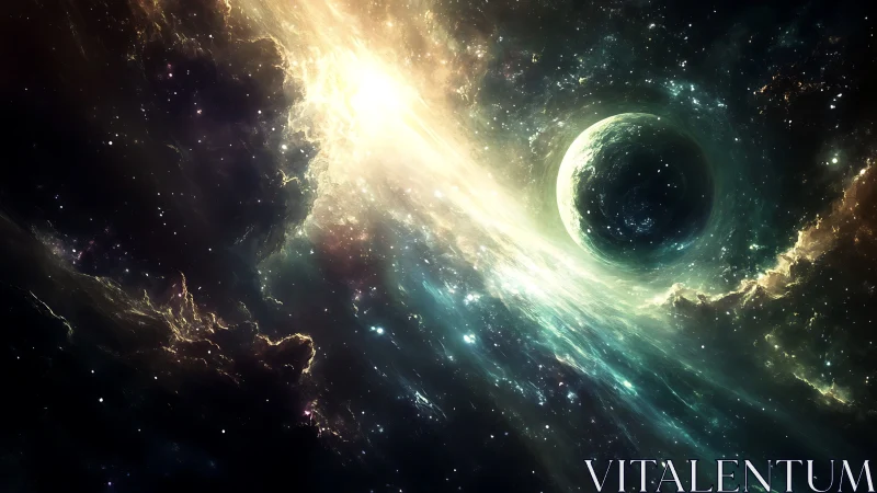 Galactic vortex engulfing a luminous emerald planet in void.