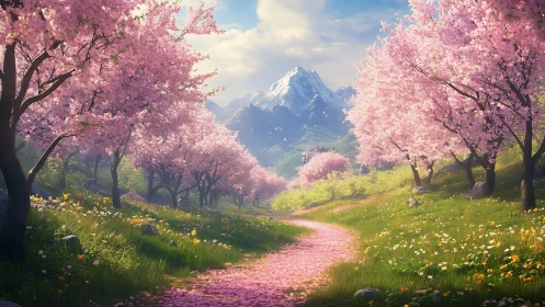 Mountain path through dense pink cherry blossom trees.