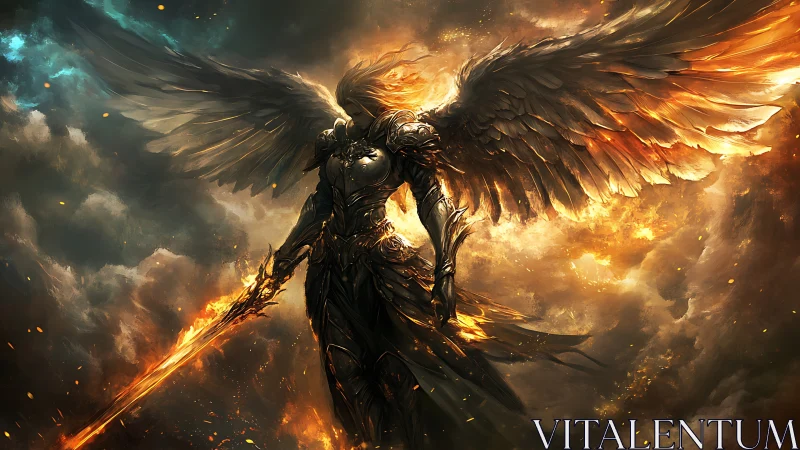 Fiery winged guardian rising from storm-brightened clouds.