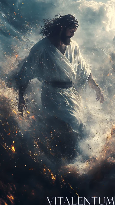 Majestic robed figure strides through swirling storm waves