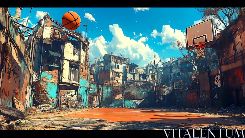 Rusting city court with soaring basketball under azure sky.