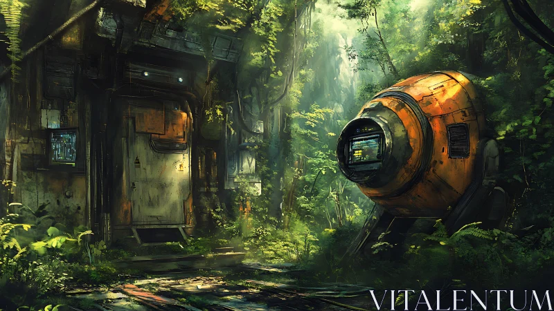 Derelict jungle outpost integrates oxidized pod and corroded hatch