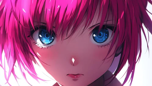 Close frontal view of pink haired anime girl portrait.
