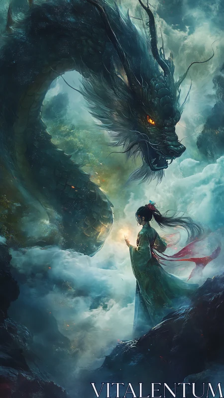 Human figure stands before serpentine dragon in clouded gorge