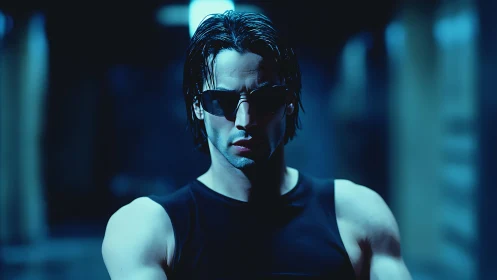 Neo-noir corridor warrior bathed in electric cyan shadows.