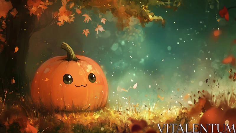Kawaii pumpkin character in dreamy autumn forest glow.